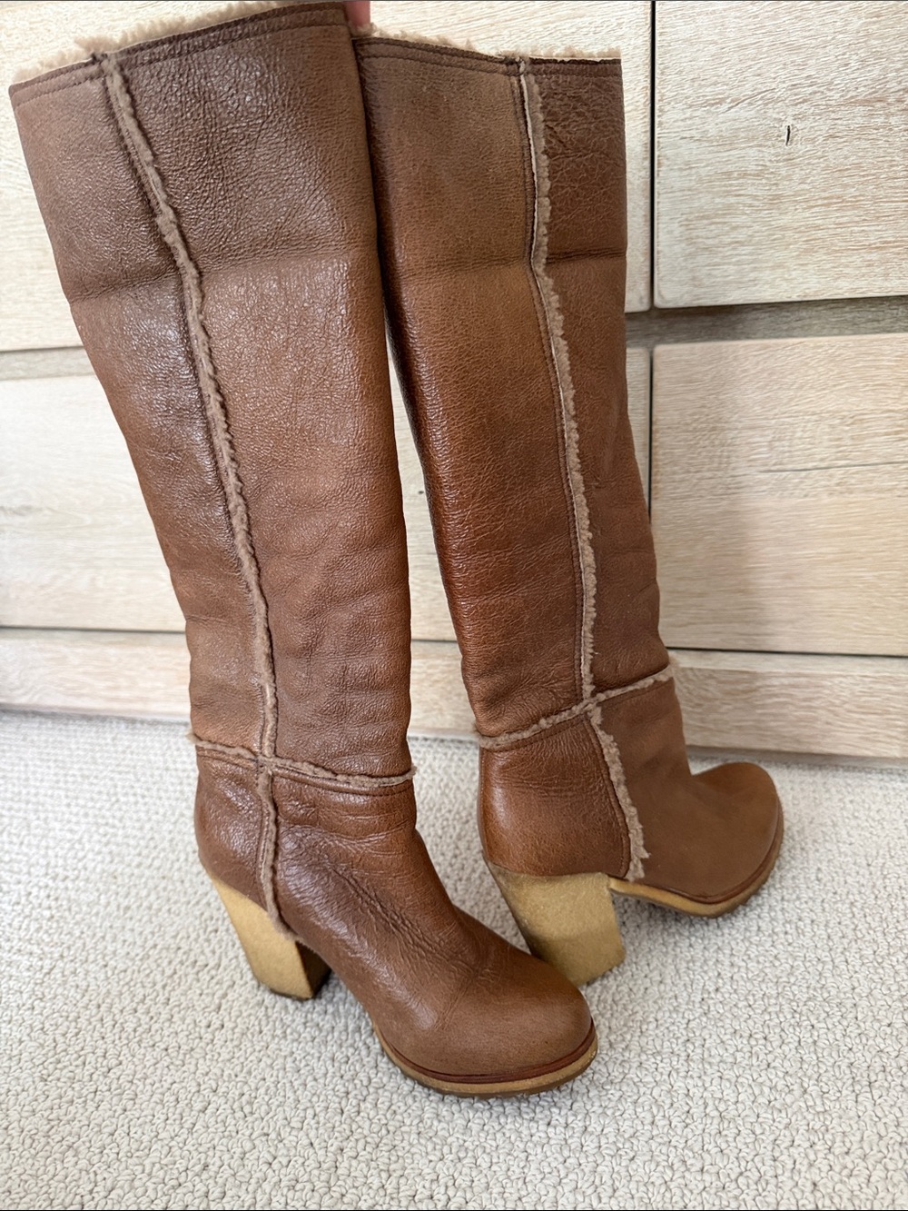 PRADA Classic Tall Brown Shearling-Lined Women’s Boots, Western Boho, Country - Picture 3 of 9
